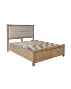 Rustic 4'6 Bed with Fabric Headboard & Drawer Footboard