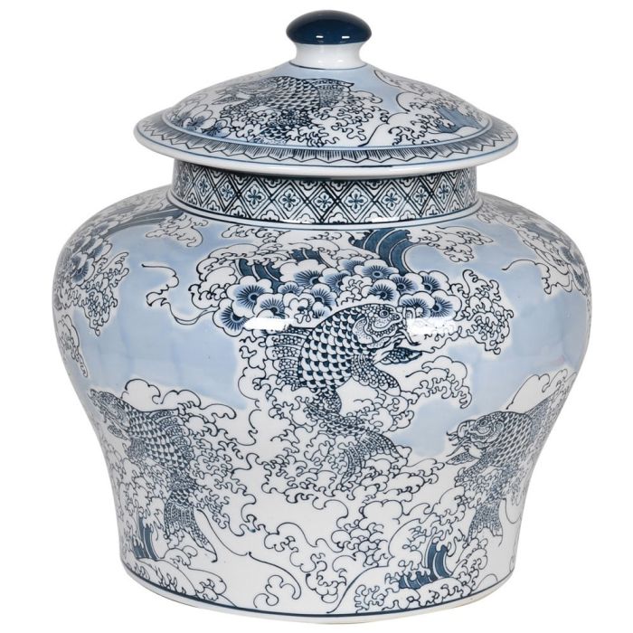 Pavilion Chic Blue Carp Chinese Porcelain Jar 1