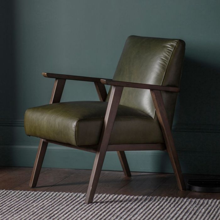 Hereford Mid Century Leather Armchair in Green 1