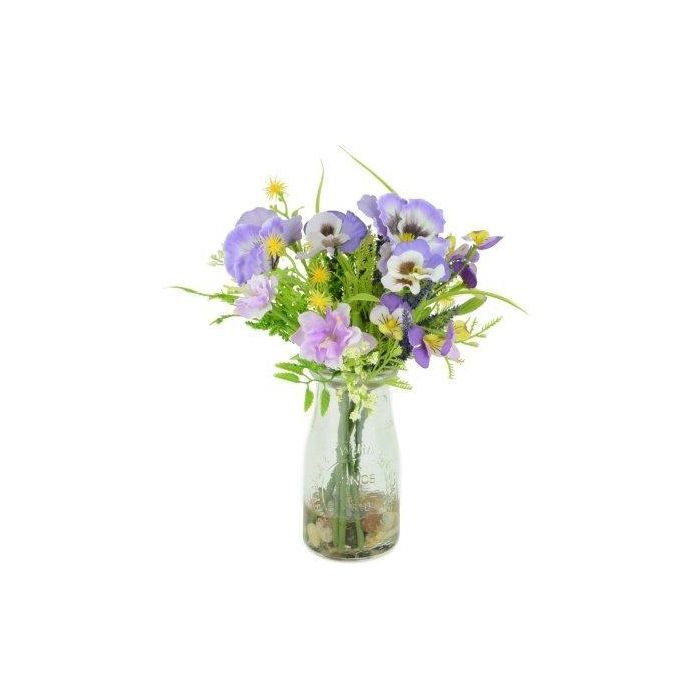 Pavilion Flowers Artificial Pansy & Blossom In Milk Bottle Lilac Height 22cm 1