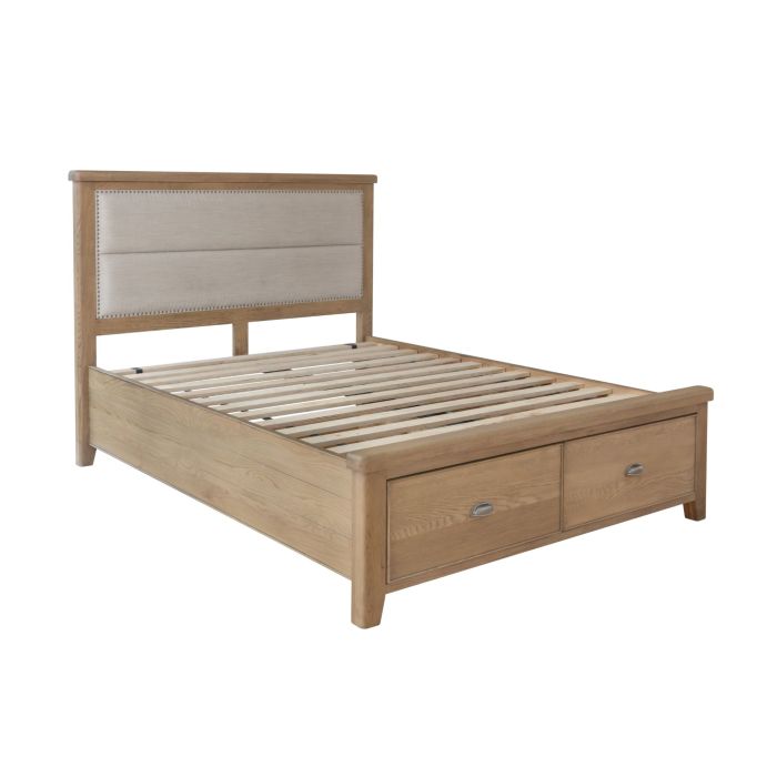Rustic 4'6 Bed with Fabric Headboard & Drawer Footboard 1