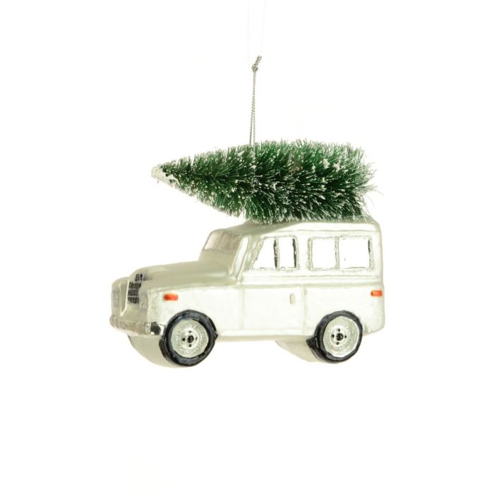 Tree Decoration Glass Land Rover w/Tree White H.12cm 1