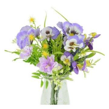 Artificial Pansy & Blossom In Milk Bottle Lilac Height 22cm