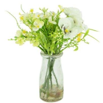 Artificial Pansy & Blossom In Milk Bottle White Height 22cm