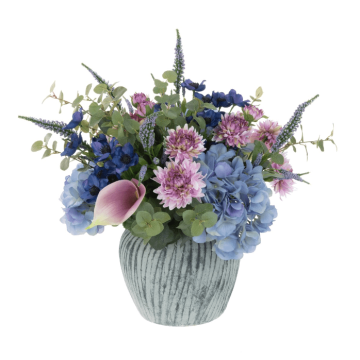 Artificial Hydrangea & Chrysanthemum Arrangement in Grey Pot H.61cm